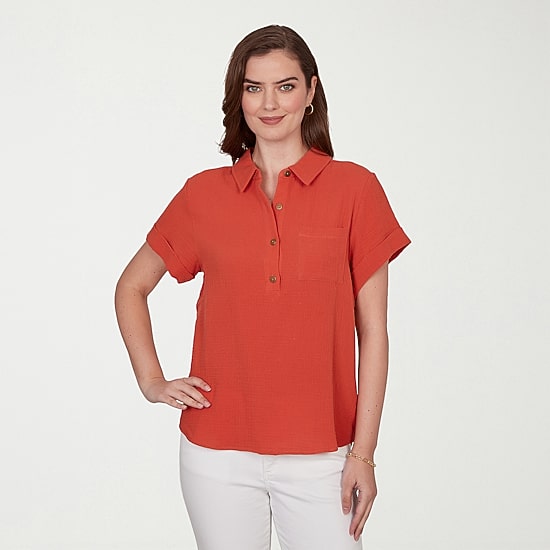 Hearts Of Palm Womens Henley Neck Short Sleeve Blouse