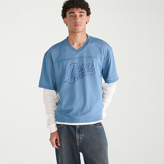 AEROPOSTALE Mens V Neck Long Sleeve Twofer Jersey