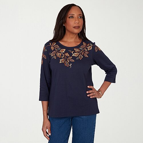 Alfred Dunner Womens Crew Neck 3/4 Sleeve T-shirt In Blue