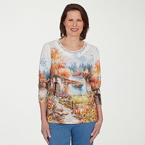 Alfred Dunner Womens Crew Neck 3/4 Sleeve T-shirt In White