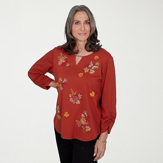 Alfred Dunner Womens Fall Harvest Crew Neck 3/4 Sleeve Tees