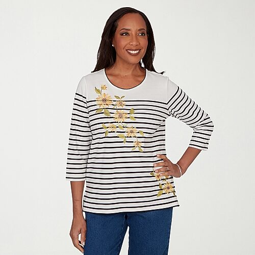 Alfred Dunner Womens Crew Neck 3/4 Sleeve T-shirt In Black