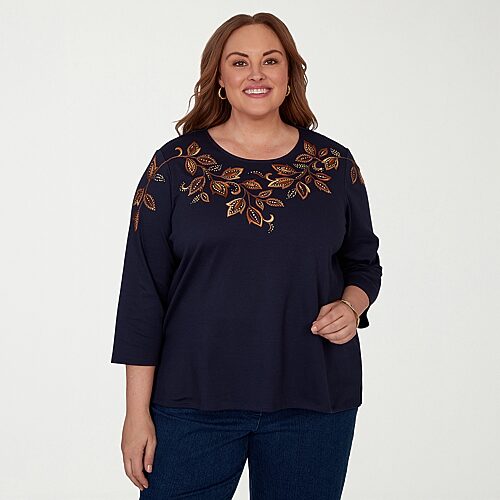 Alfred Dunner Classics Womens Plus Crew Neck 3/4 Sleeve T-shirt In Blue