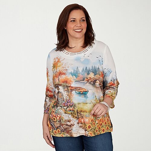 Alfred Dunner Classics Womens Plus Crew Neck 3/4 Sleeve T-shirt In White