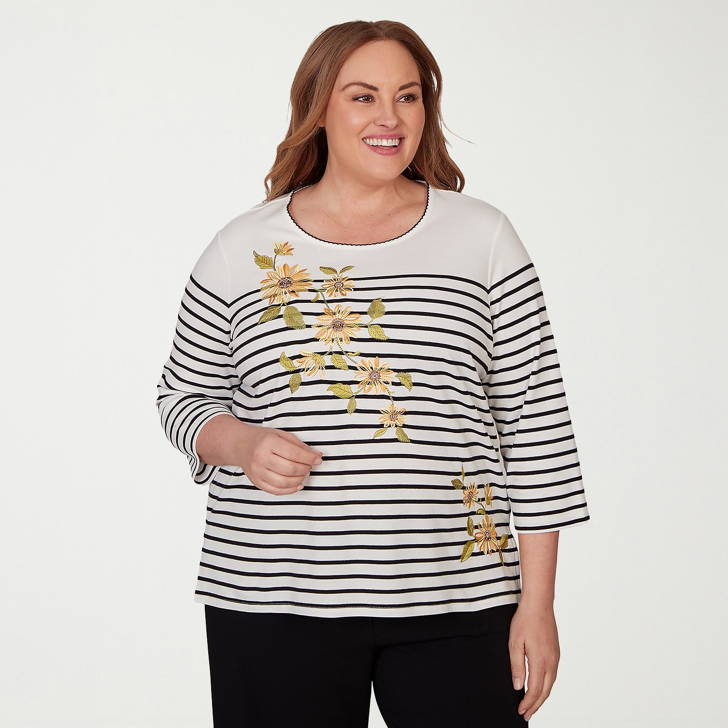 Alfred Dunner Classics Womens Plus Crew Neck 3/4 Sleeve T-Shirt