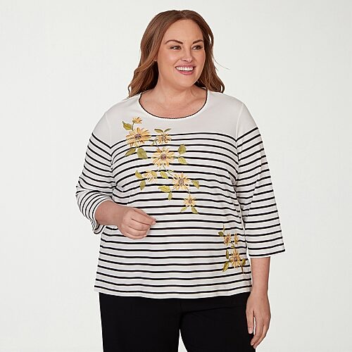 Alfred Dunner Classics Womens Plus Crew Neck 3/4 Sleeve T-shirt In Black
