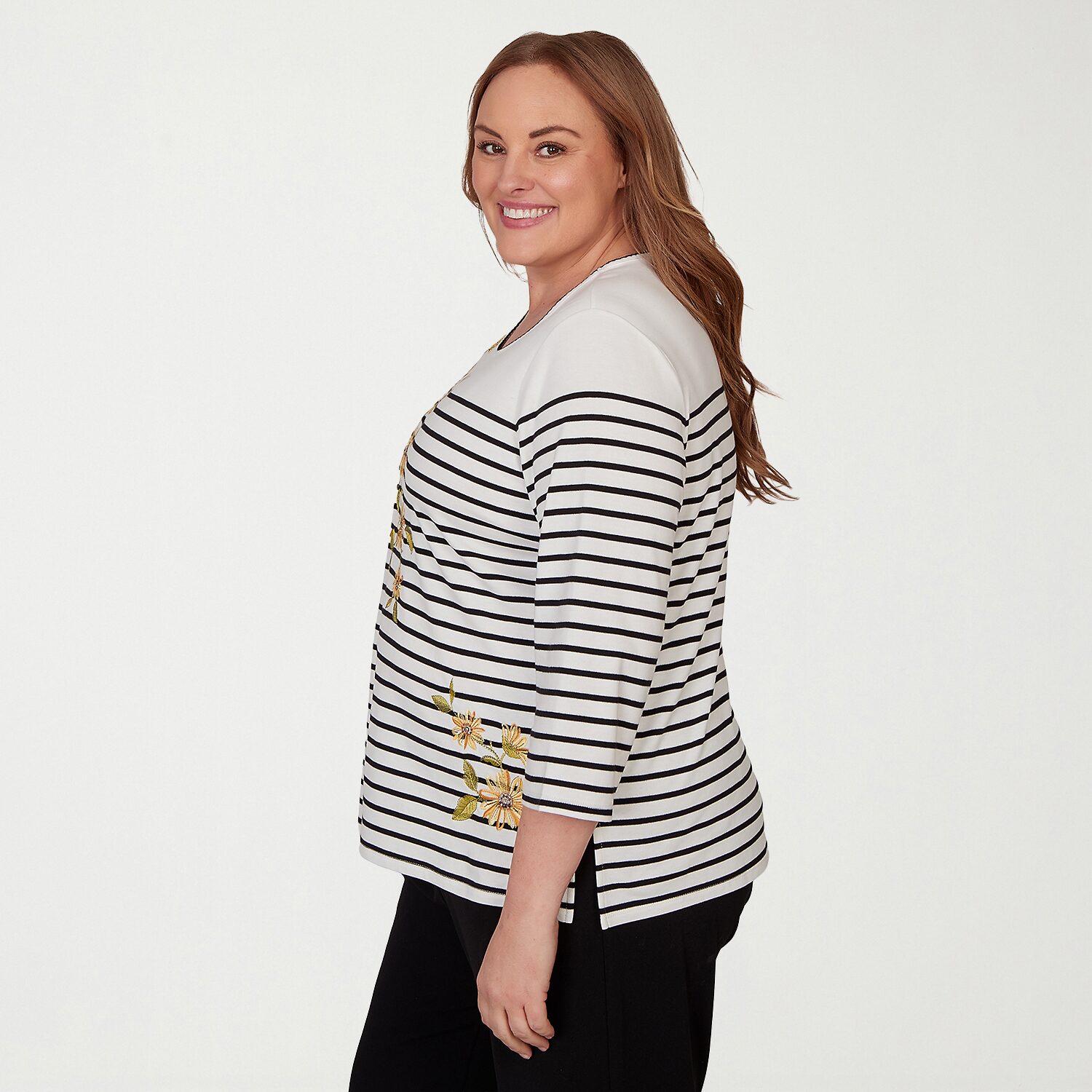 Alfred Dunner Classics Womens Plus Crew Neck 3/4 Sleeve T-Shirt