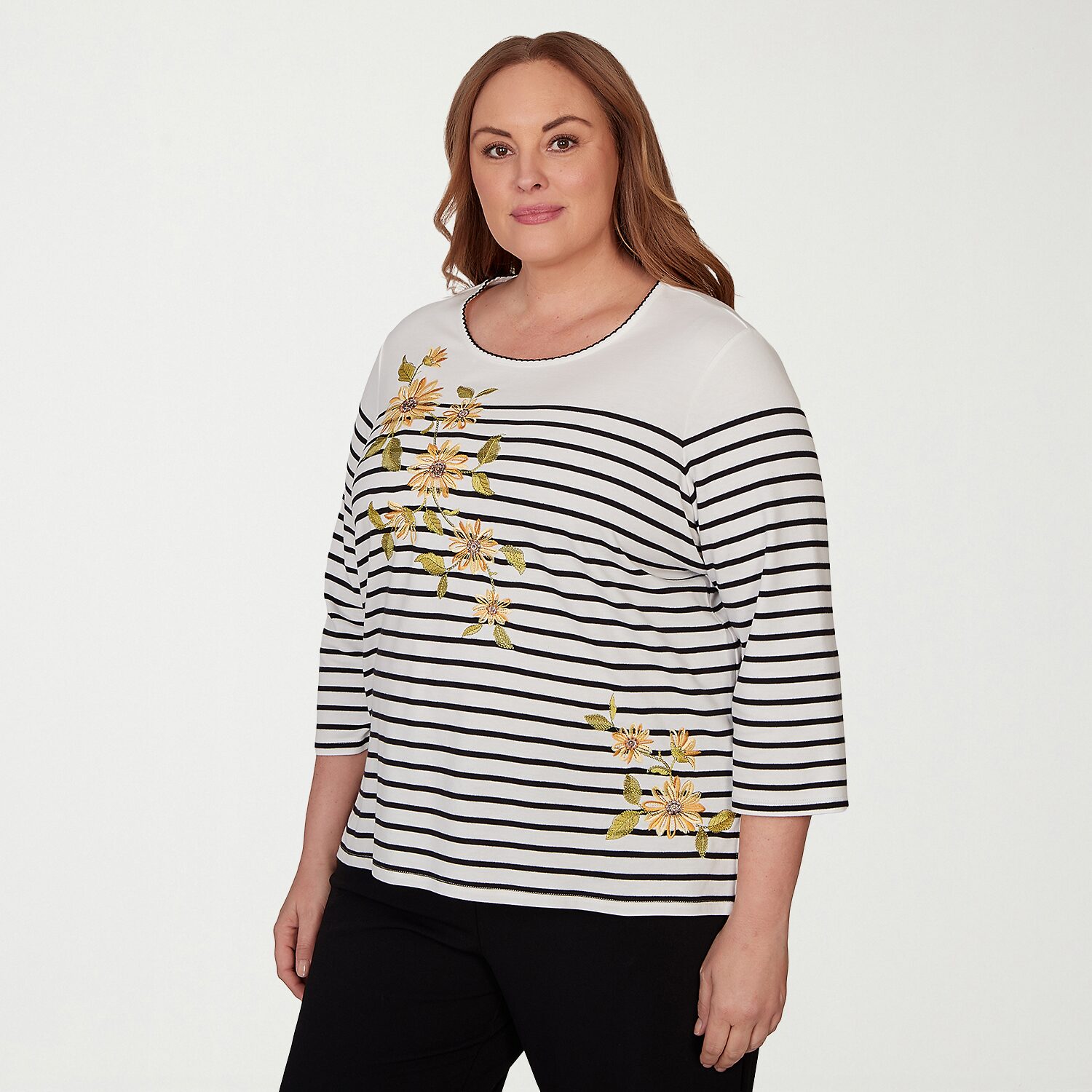 Alfred Dunner Classics Womens Plus Crew Neck 3/4 Sleeve T-Shirt