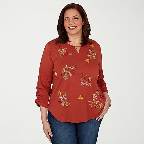 Alfred Dunner Classics Womens Plus Crew Neck 3/4 Sleeve T-shirt In Brown
