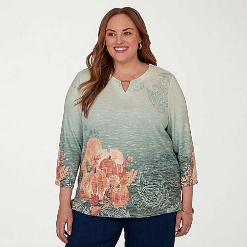Alfred Dunner Classics Womens Plus Crew Neck 3/4 Sleeve T-shirt In Green
