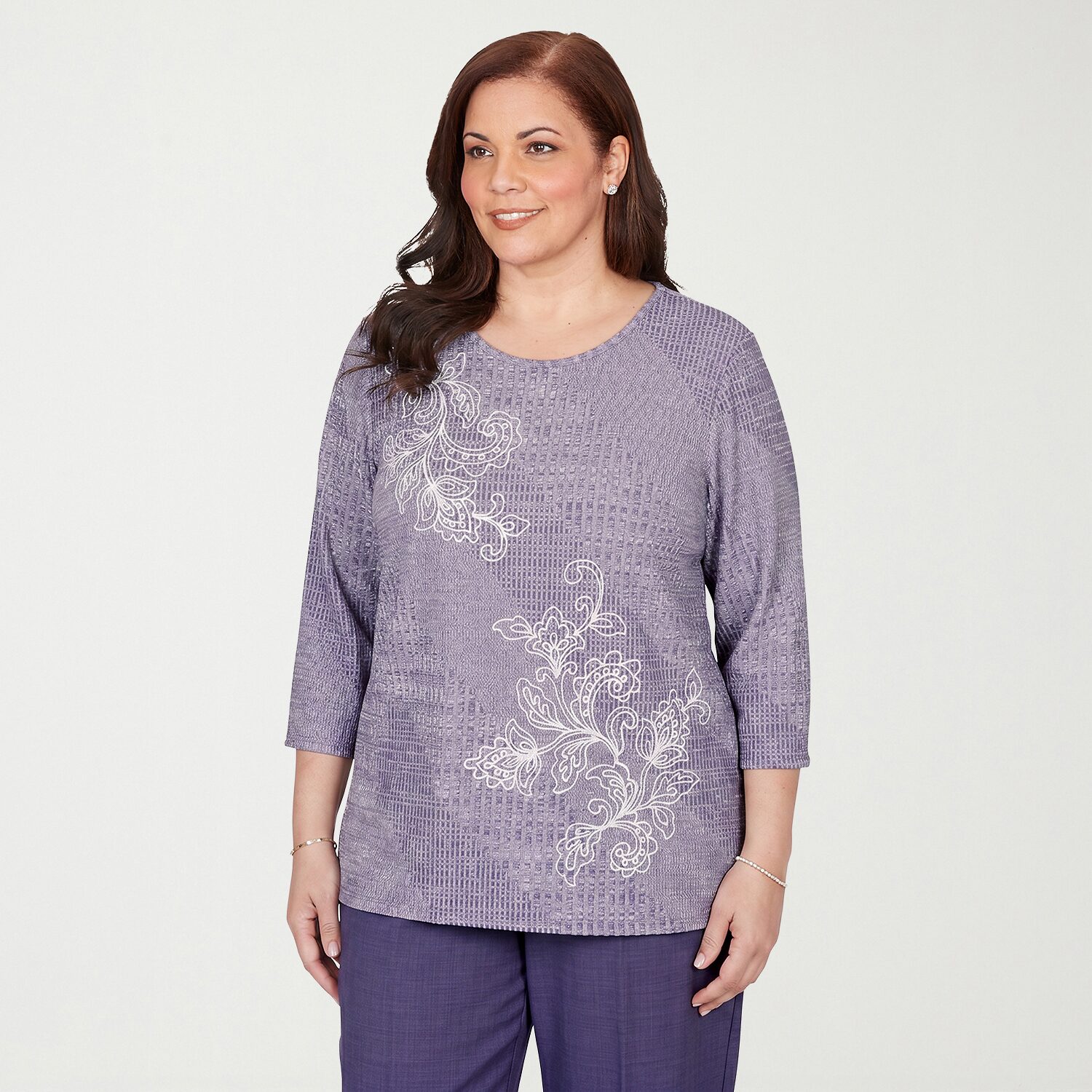 Alfred Dunner Grand Bazaar Womens Plus Crew Neck 3/4 Sleeve T-Shirt