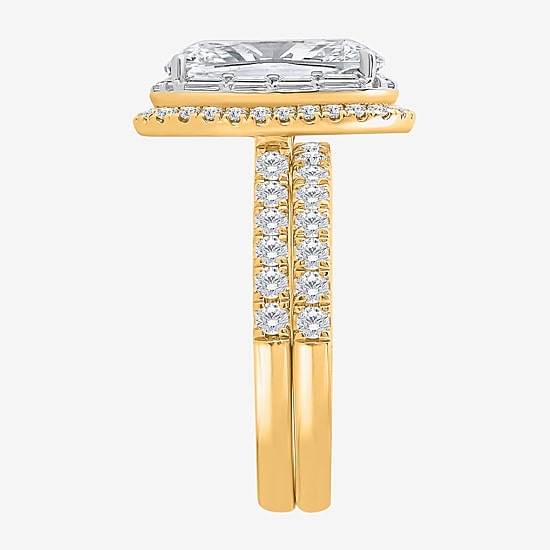 Signature By Modern Bride (I / Si2) Womens 5 CT. T.W. Lab Grown White Diamond 14K Gold Cushion Side Stone Halo Bridal Set