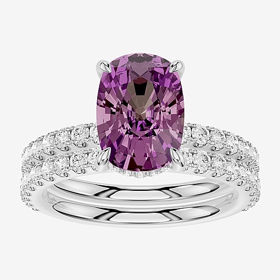 (Vs2 / F) Womens 7/8 CT. T.W. Lab Grown Purple Amethyst 14K Gold Cushion Side Stone Bridal Set