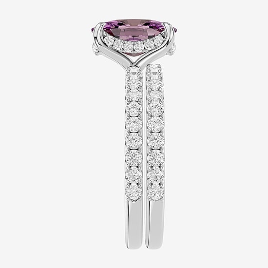 (Vs2 / F) Womens 7/8 CT. T.W. Lab Grown Purple Amethyst 14K Gold Cushion Side Stone Bridal Set