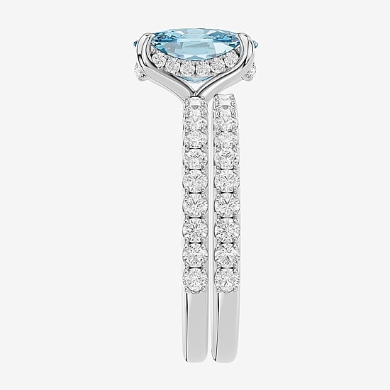 (Vs2 / F) Womens 7/8 CT. T.W. Lab Grown Blue Topaz 14K Gold Cushion Side Stone Bridal Set