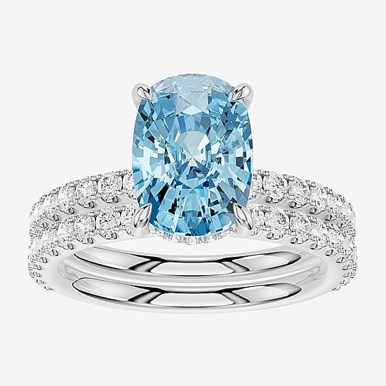 (Vs2 / F) Womens 7/8 CT. T.W. Lab Grown Blue Topaz 14K Gold Cushion Side Stone Bridal Set
