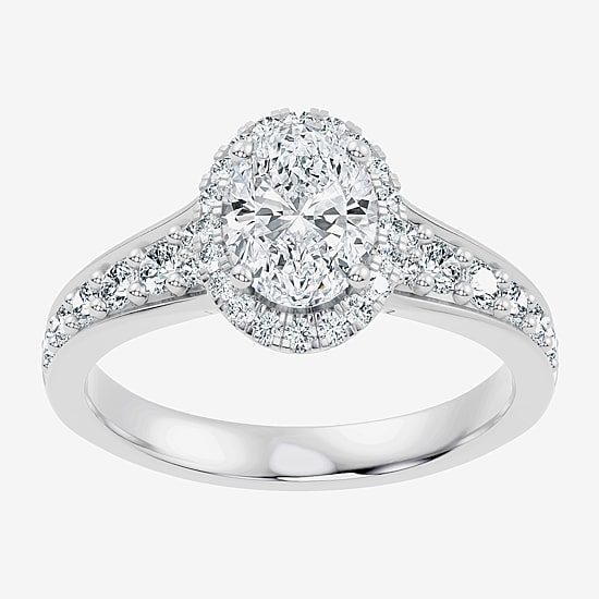 (F / Vs2-Si1) Womens 1 1/2 CT. T.W. Lab Grown White Diamond Sterling Silver Oval Side Stone Halo Engagement Ring