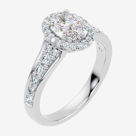 (F / Vs2-Si1) Womens 1 1/2 CT. T.W. Lab Grown White Diamond Sterling Silver Oval Side Stone Halo Engagement Ring