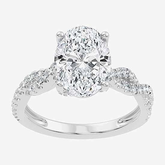 (F / Vs2-Si1) Womens 3 1/2 CT. T.W Lab Grown White Diamond 10K Gold Oval Side Stone Engagement Ring
