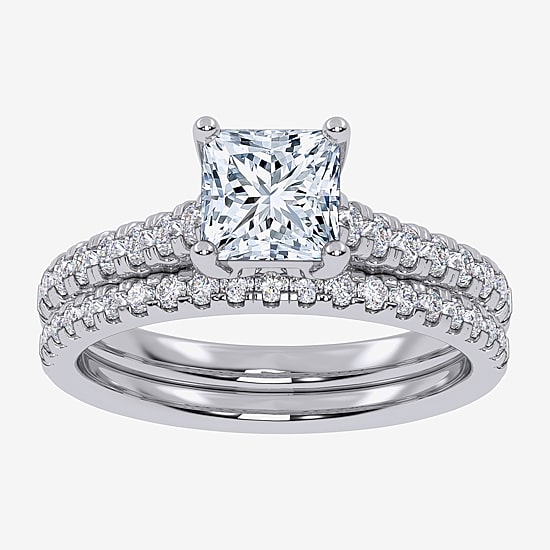 (F / Vs2-Si1) Womens 3 1/2 CT. T.W Lab Grown White Diamond Sterling Silver Side Stone Bridal Set