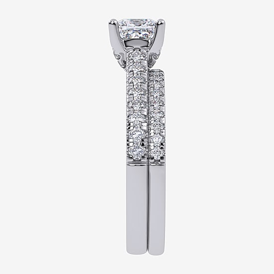 (F / Vs2-Si1) Womens 3 1/2 CT. T.W Lab Grown White Diamond Sterling Silver Side Stone Bridal Set