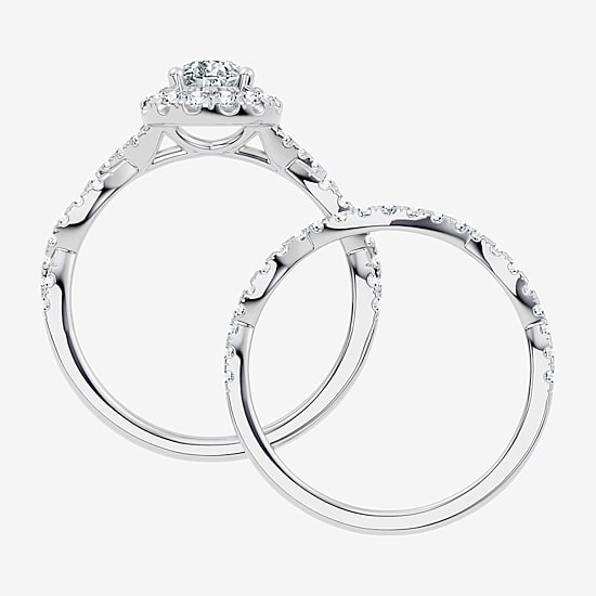 (F / Vs2-Si1) Womens 1 CT. T.W. Lab Grown White Diamond Sterling Silver Pear Side Stone Halo Bridal Set