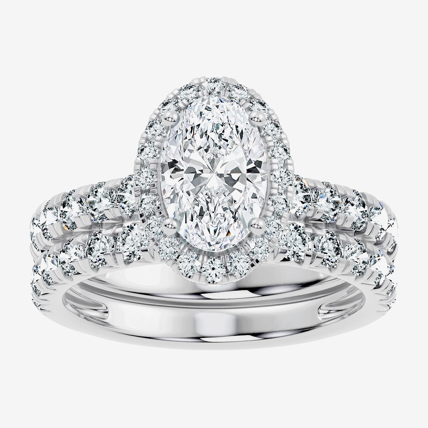 (F / Vs2-Si1) Womens 3 CT. T.W. Lab Grown White Diamond 10K Gold Oval Side Stone Halo Bridal Set