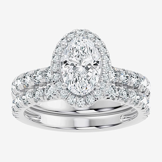 (F / Vs2-Si1) Womens 3 CT. T.W. Lab Grown White Diamond 10K Gold Oval Side Stone Halo Bridal Set