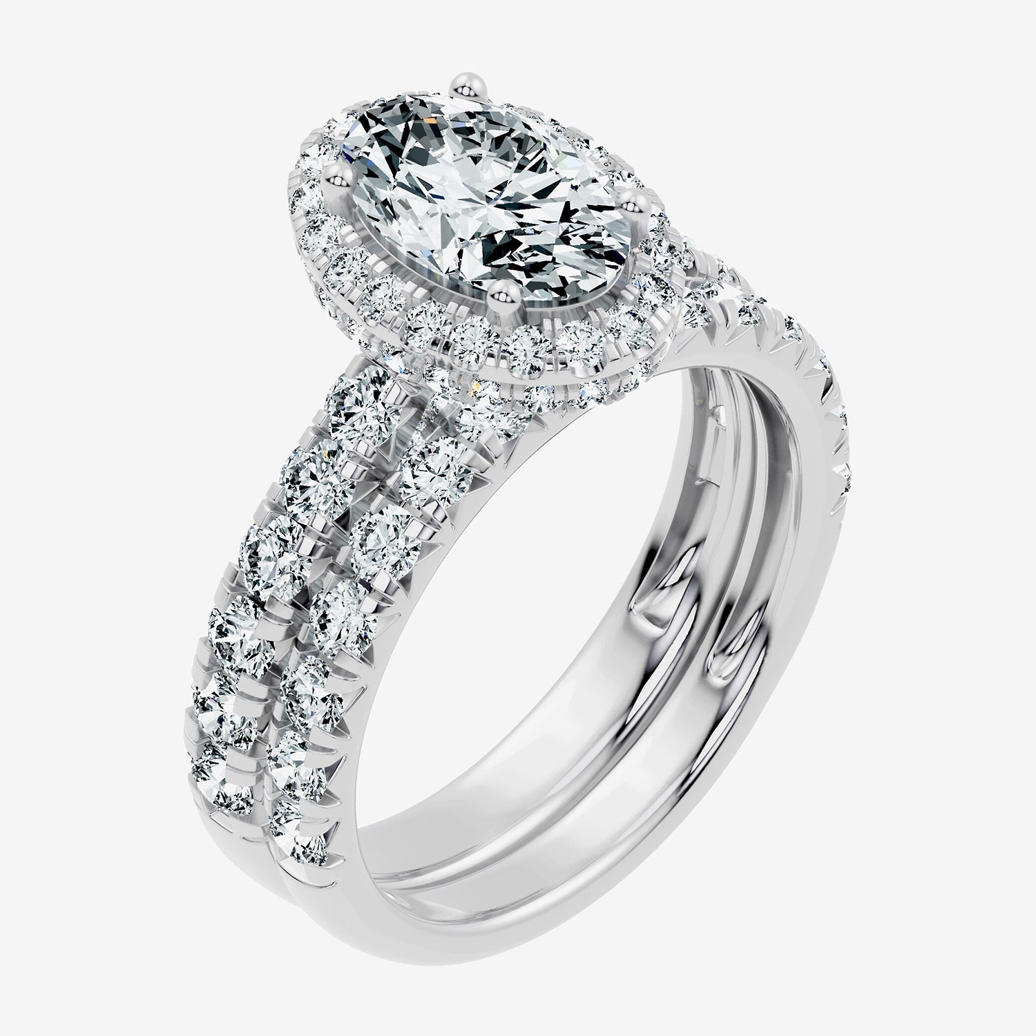 (F / Vs2-Si1) Womens 3 CT. T.W. Lab Grown White Diamond 10K Gold Oval Side Stone Halo Bridal Set