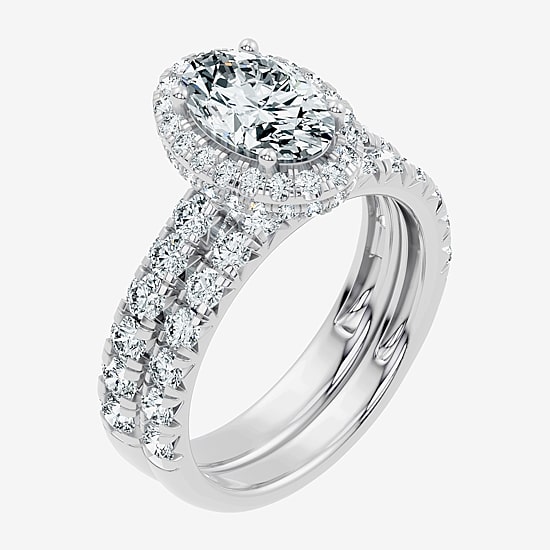 (F / Vs2-Si1) Womens 3 CT. T.W. Lab Grown White Diamond 10K Gold Oval Side Stone Halo Bridal Set