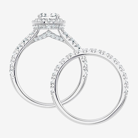 (F / Vs2-Si1) Womens 3 CT. T.W. Lab Grown White Diamond 10K Gold Oval Side Stone Halo Bridal Set