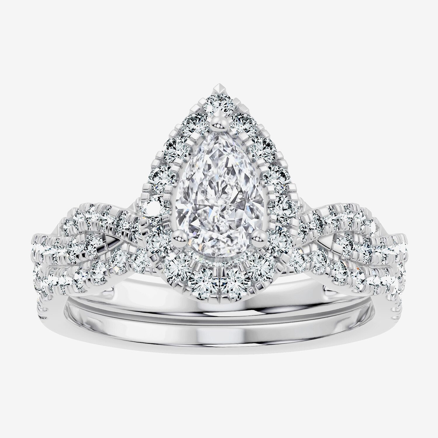 (F / Vs2-Si1) Womens 1 CT. T.W. Lab Grown White Diamond Sterling Silver Pear Side Stone Halo Bridal Set
