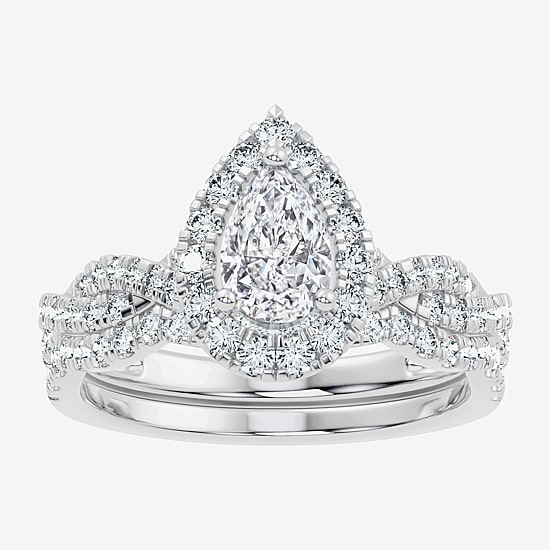 (F / Vs2-Si1) Womens 1 CT. T.W. Lab Grown White Diamond Sterling Silver Pear Side Stone Halo Bridal Set