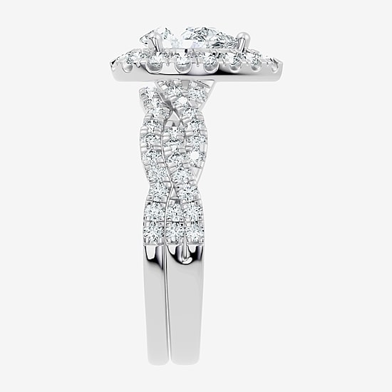 (F / Vs2-Si1) Womens 1 CT. T.W. Lab Grown White Diamond Sterling Silver Pear Side Stone Halo Bridal Set