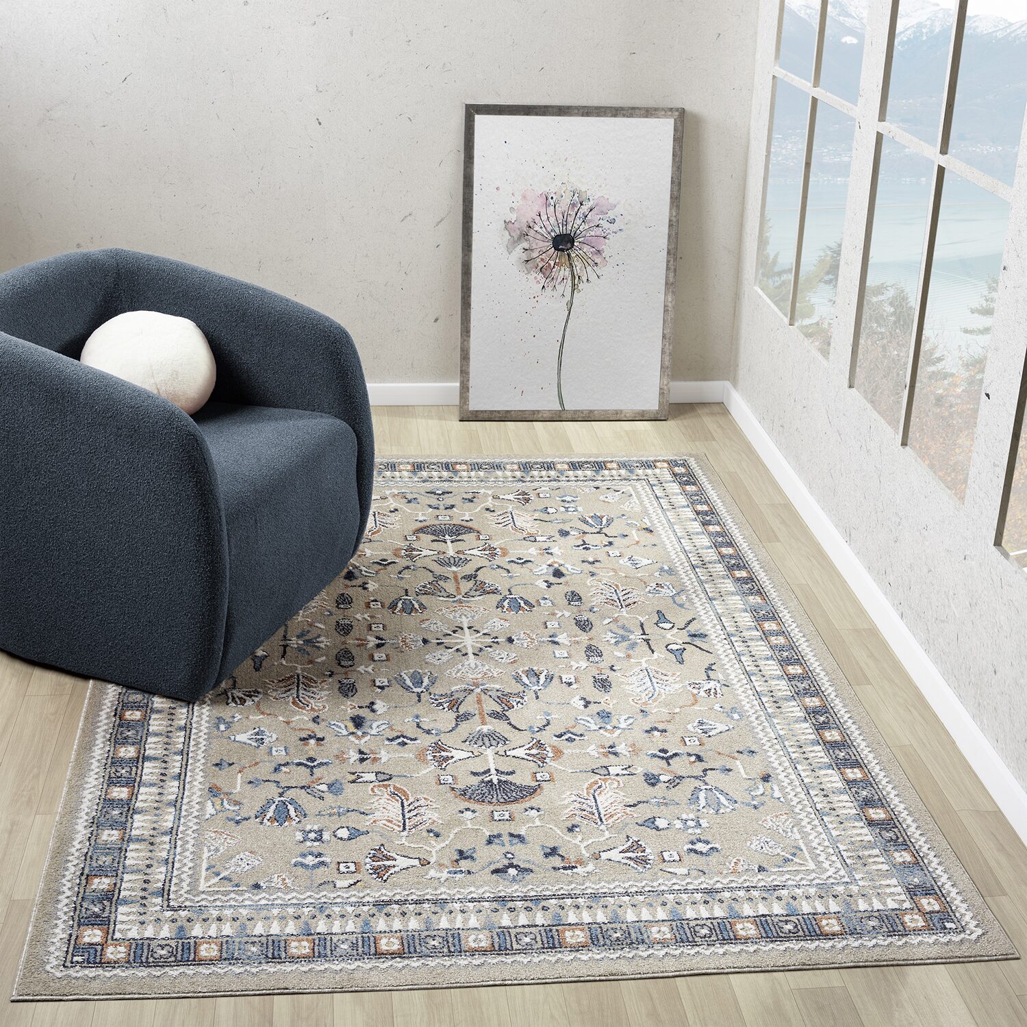 LR Home Riley Floral Washable Indoor Rectangular Area Rug