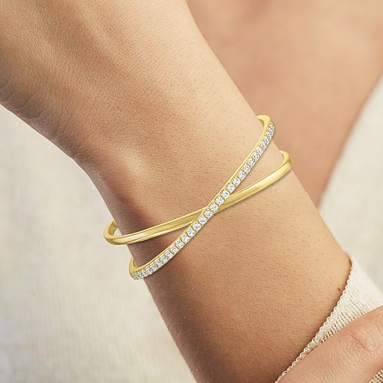 Bold Addiction Womens Lab Created White Sapphire 14K Gold Over Brass Bangle Bracelet