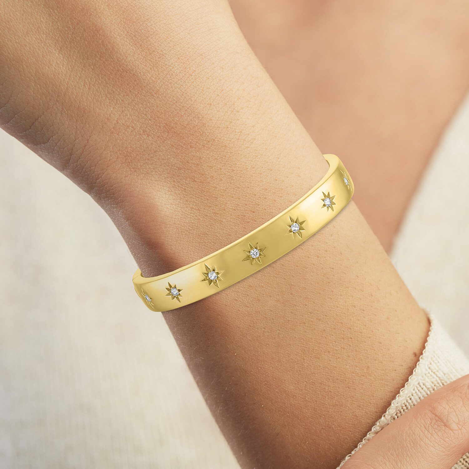 Bold Addiction Womens Lab Created White Sapphire 14K Gold Over Brass Bangle Bracelet