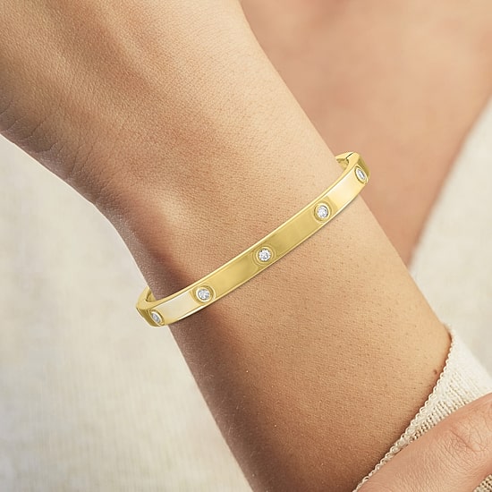 Bold Addiction Womens Lab Created White Sapphire 14K Gold Over Brass Bangle Bracelet