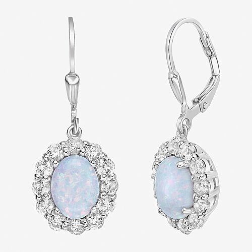 Womens Lab Created White Opal Sterling Silver 30.3mm Oval Hoop Earrings, One Size, White