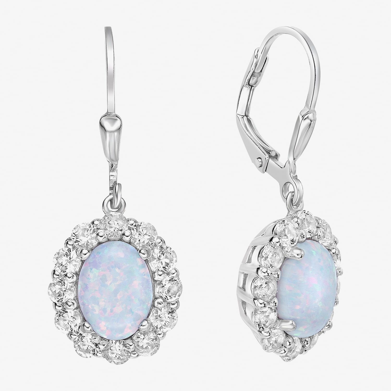 Womens Lab Created White Opal Sterling Silver 30.3mm Oval Hoop Earrings