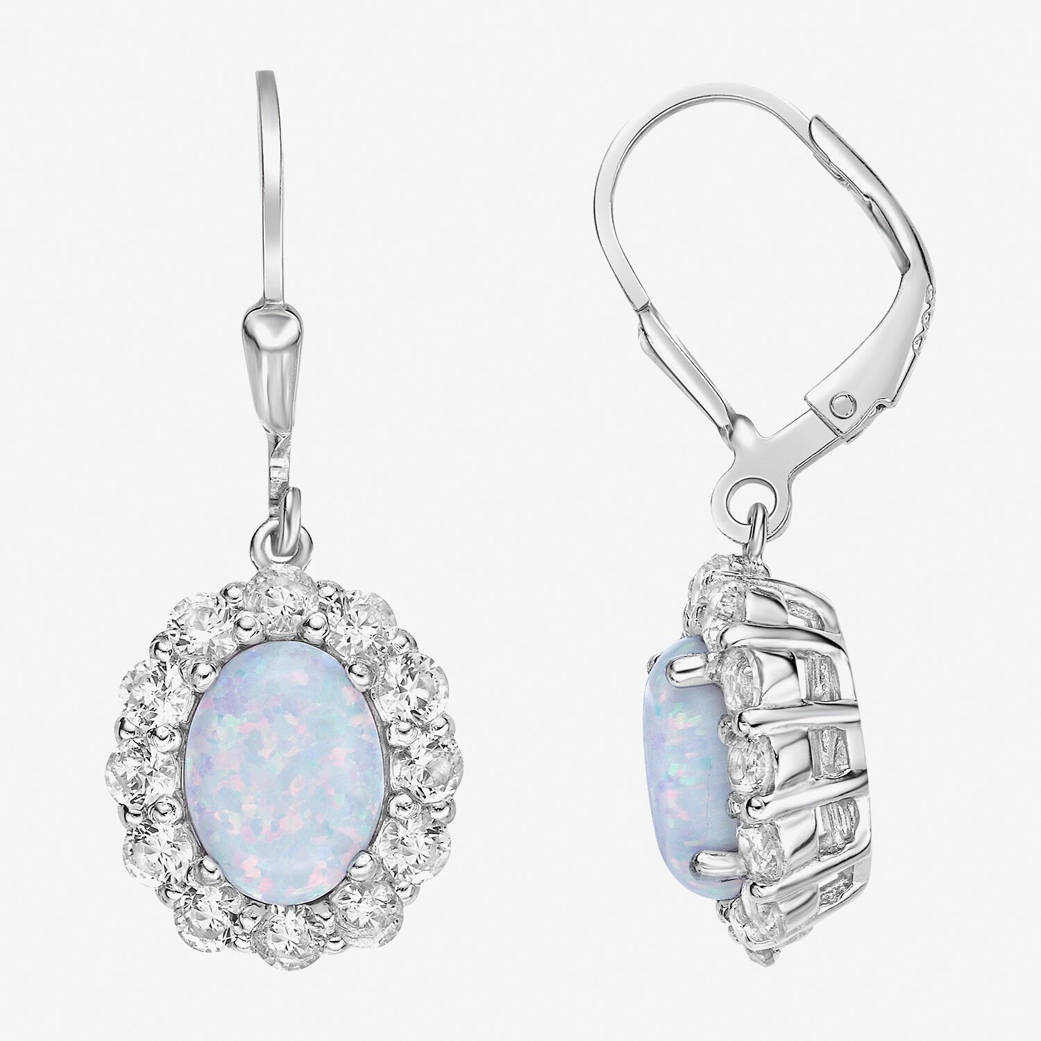 Womens Lab Created White Opal Sterling Silver 30.3mm Oval Hoop Earrings