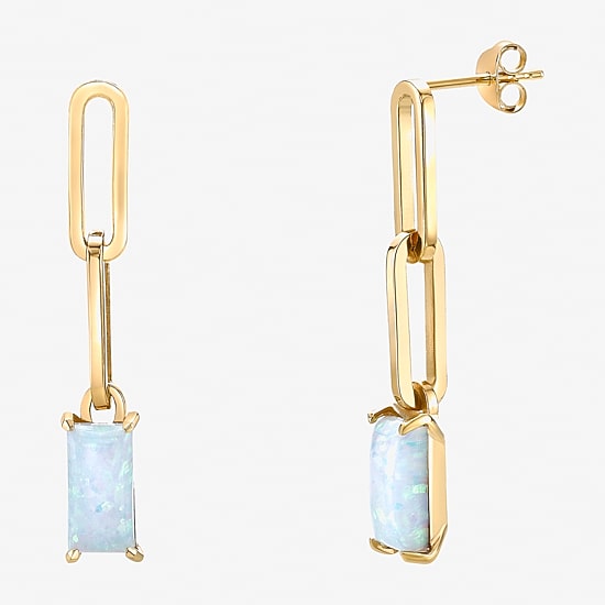 Womens Lab Created White Opal 18K Gold Over Silver Drop Earrings