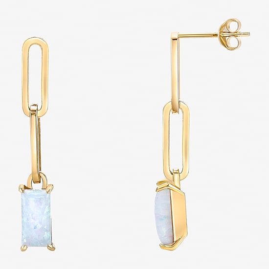 Womens Lab Created White Opal 18K Gold Over Silver Drop Earrings