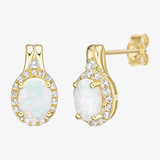 Lab Created White Opal 18K Gold Over Silver 12mm Oval Stud Earrings