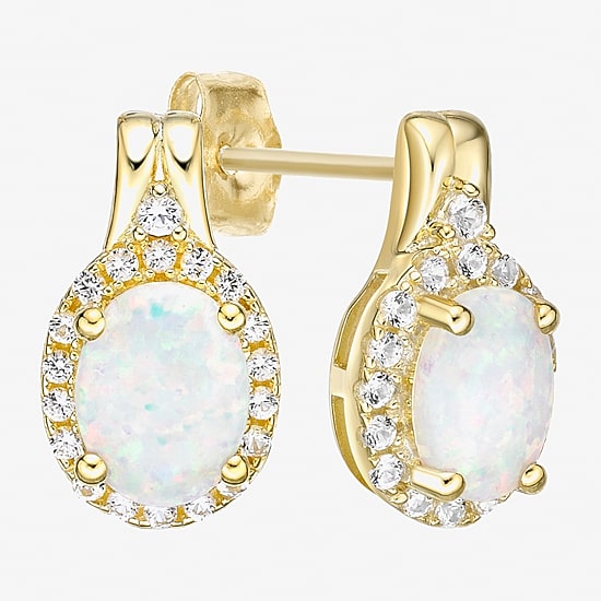 Lab Created White Opal 18K Gold Over Silver 12mm Oval Stud Earrings