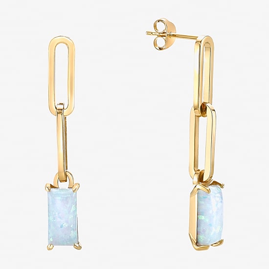 Womens Lab Created White Opal 18K Gold Over Silver Drop Earrings
