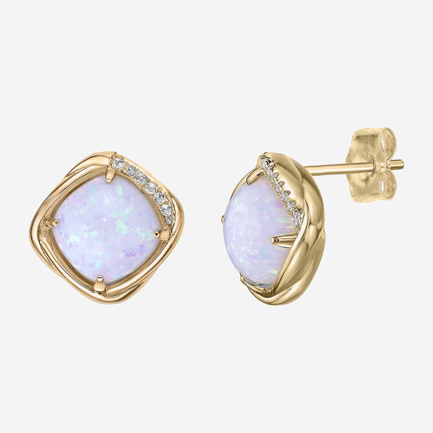 Lab Created White Opal 18K Gold Over Silver 12mm Cushion Stud Earrings
