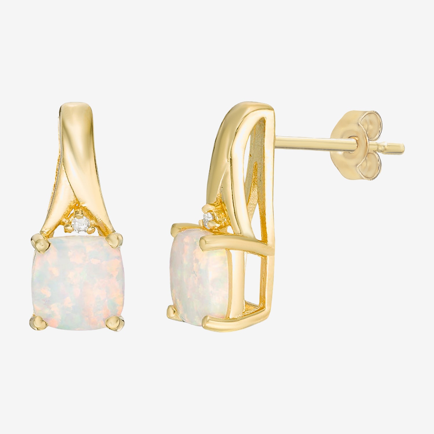 Diamond Accent Lab Created White Opal 18K Gold Over Silver 14.4mm Cushion Stud Earrings