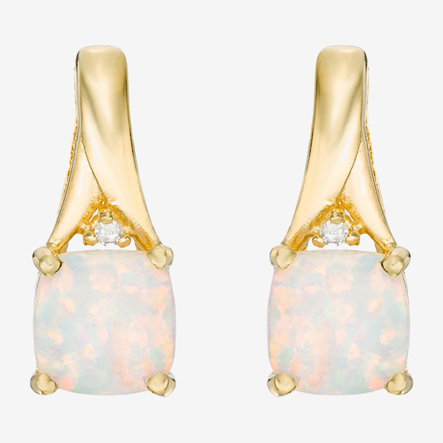 Diamond Accent Lab Created White Opal 18K Gold Over Silver 14.4mm Cushion Stud Earrings
