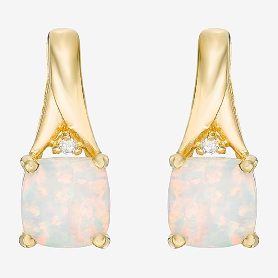 Diamond Accent Lab Created White Opal 18K Gold Over Silver 14.4mm Cushion Stud Earrings